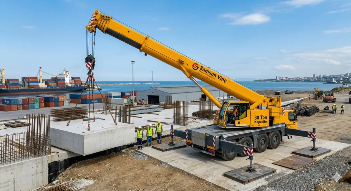 Samsun 30 ton mobil vinç kiralama - inşaat sahasında ağır yük kaldırma operasyonu