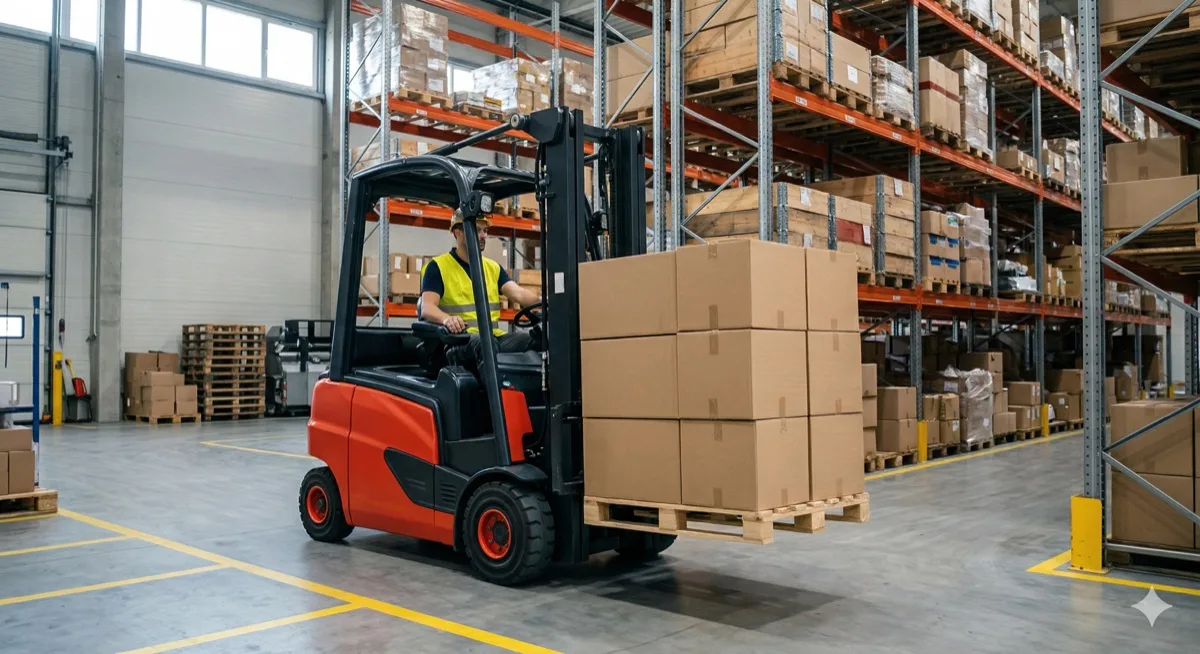 Samsun forklift kiralama - depoda forklift ile paletli yük taşıma operasyonu