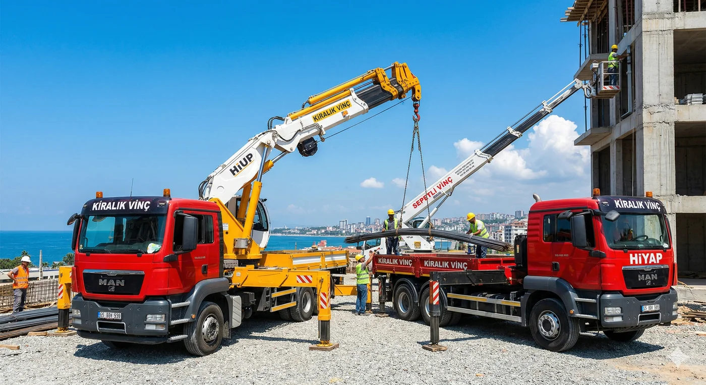 Samsun'da sepetli vinç ve hiab vinç birlikte çalışırken